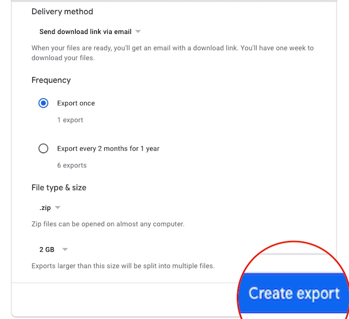 Create Export for Gmail