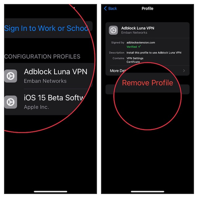 Remove adblocker Luna profile on iPhone and iPad