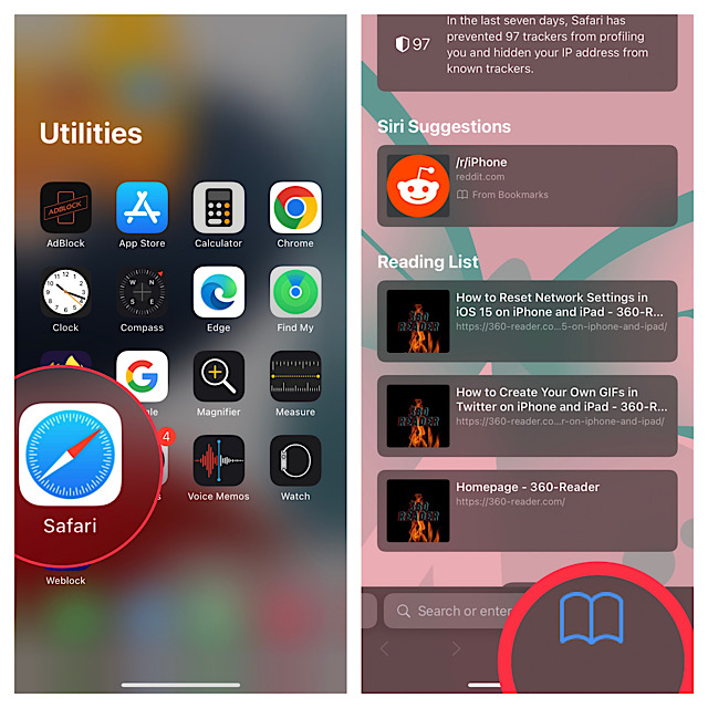 Safari bookmark icon on iOS