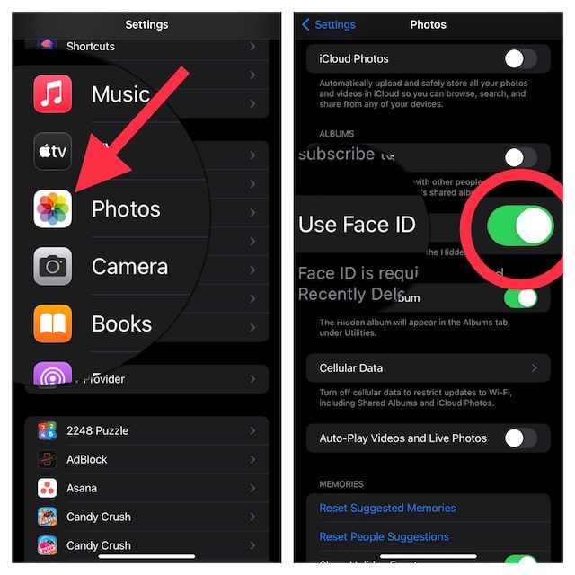 Lock Hidden Photo Album with Face ID/Touch ID in iOS 16 on iPhone and iPad