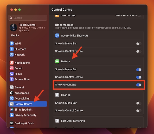 How to show battery percentage in macOS 13 Ventura 