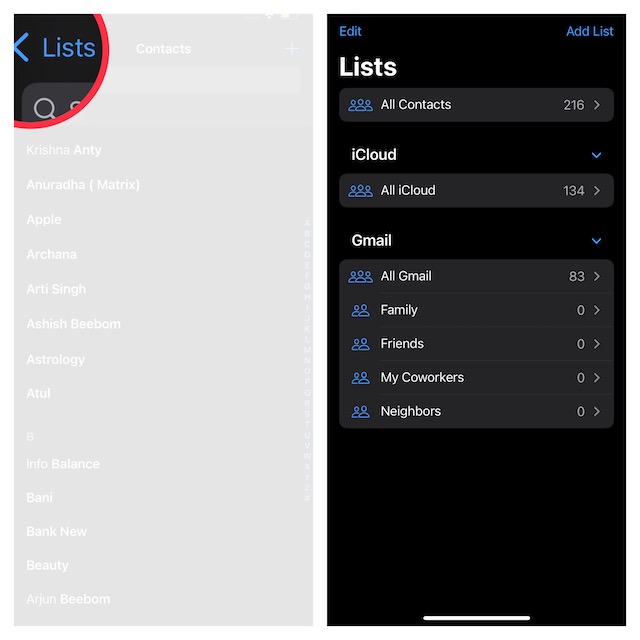 Open Lists in Apple Contacts app 