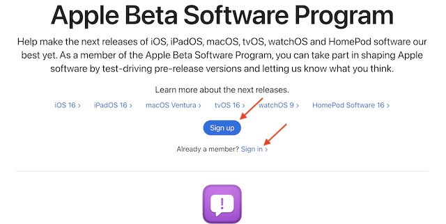 Sign up for Apple beta software program