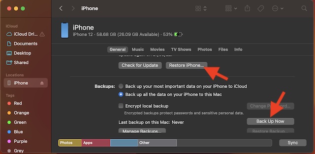 Restore your iPhone using Finder