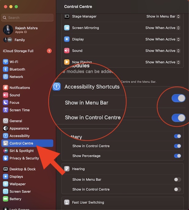 Add Accessibility Shortcuts to Mac menu bar and Control Center