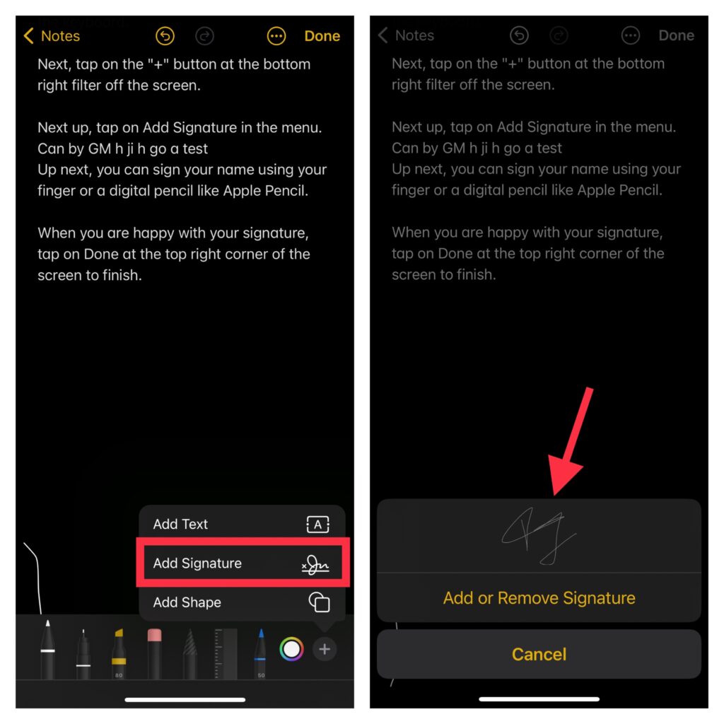 Add signature to note on iPhone and iPad