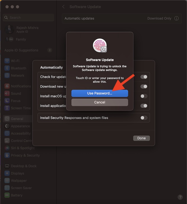Authenticate using Touch ID or administrator password