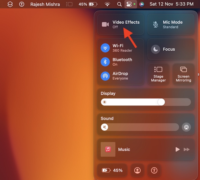 Choose Video Effects in Control Center