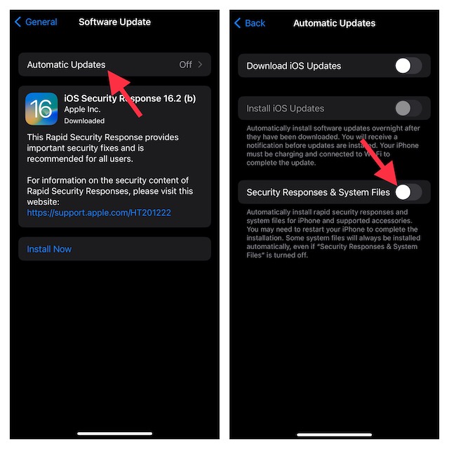 Enable:Disable Rapid Security Response Software Updates in ios 16 on iPhone and iPad
