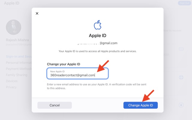 Change Apple ID and confirm