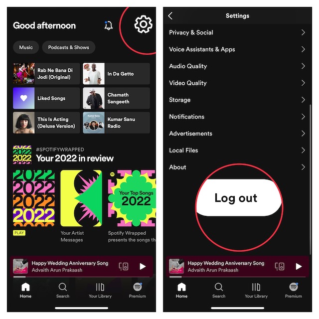 Log out and log in Spotify app