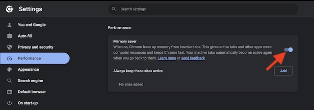 Activate Memory Saver in Google Chrome on Mac and Windows PC