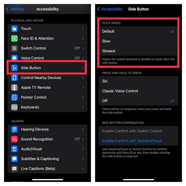 Adjust iPhones side button click speed