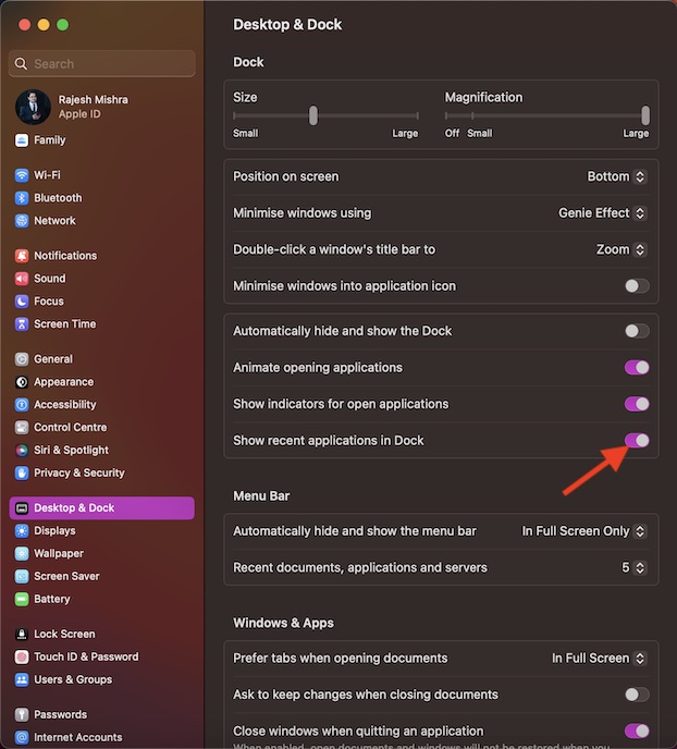 Hide or Show Recent apps in Macs Dock