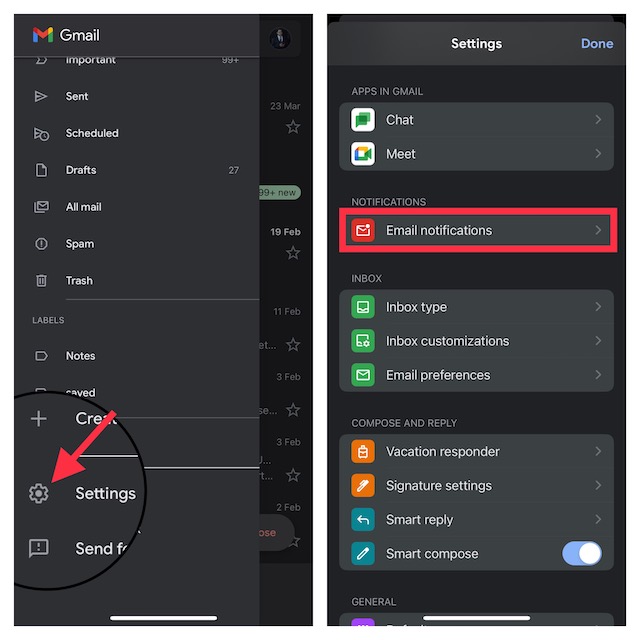 Choose Settings in Gmail on iOS and iPadOS