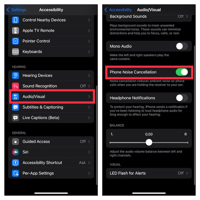 Enable phone noise cancellation on iPhone