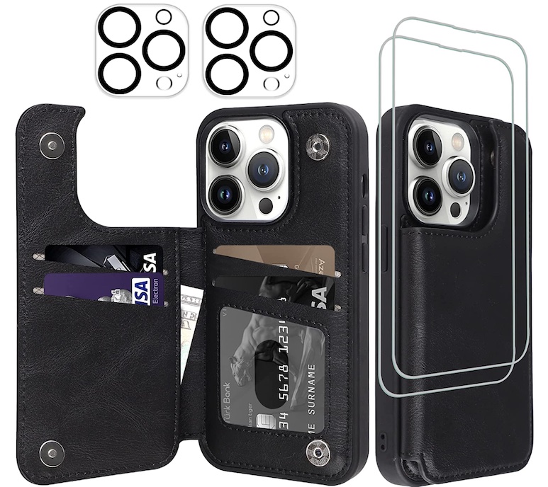 VAKS for iPhone 14 Pro Max Back Wallet Card Case with 2 Screen Protector 2 Camera Lens Protector