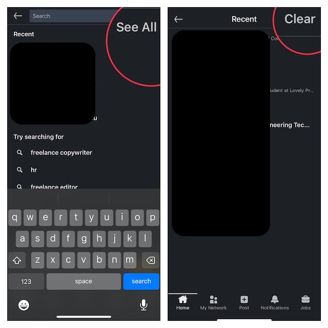 Eliminate LinkedIn search history on iPhone and iPad
