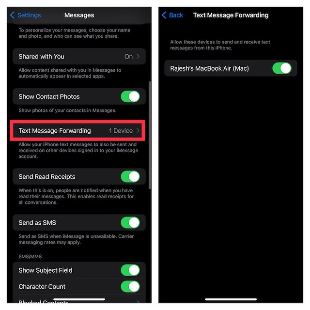Enable text message forwarding on iPhone and iPad