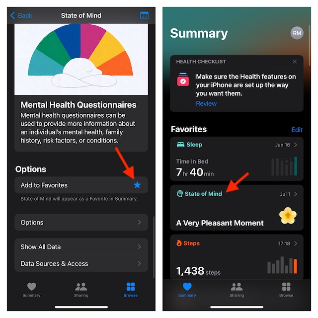 Add State of Mind to Favorites in Health app on iPhone