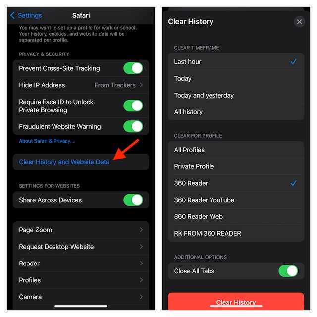 Clear Safari profile of specific duration on iPhone and iPad