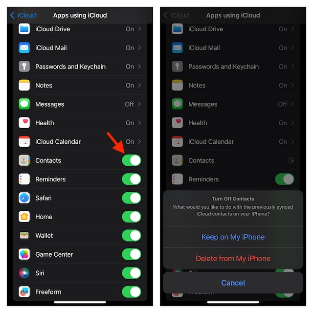 Turn off or on iCloud Contacts