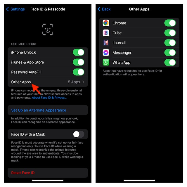 Manage Face ID apps