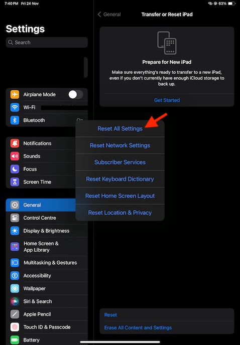 Reset all settings on iPad