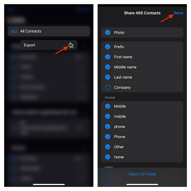 Tap on Export to share your iPhone contacts