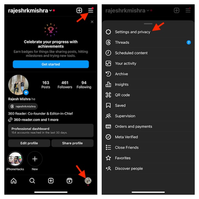 Choose Settings and privacy in Instagram