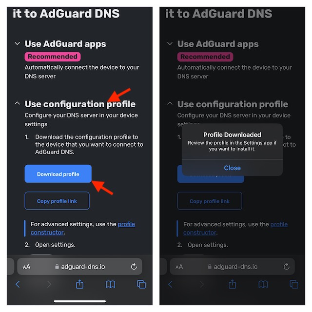 Download Adguard DNS profile on iPhone