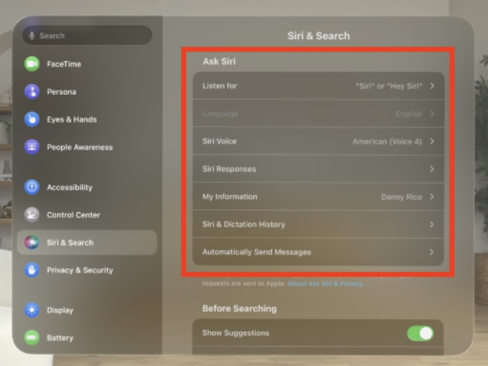 Change Siri settings on Apple Vision Pro