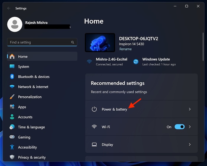Choose Power and battery in Windows settings