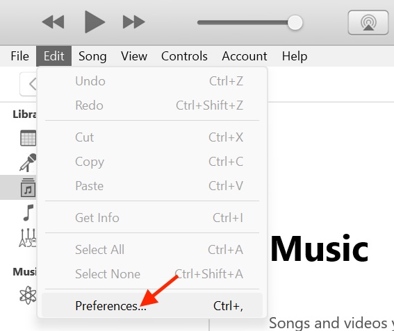 Choose Preferences in iTunes