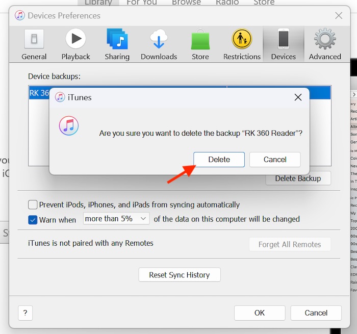 Delete old iPhone backup from iTunes