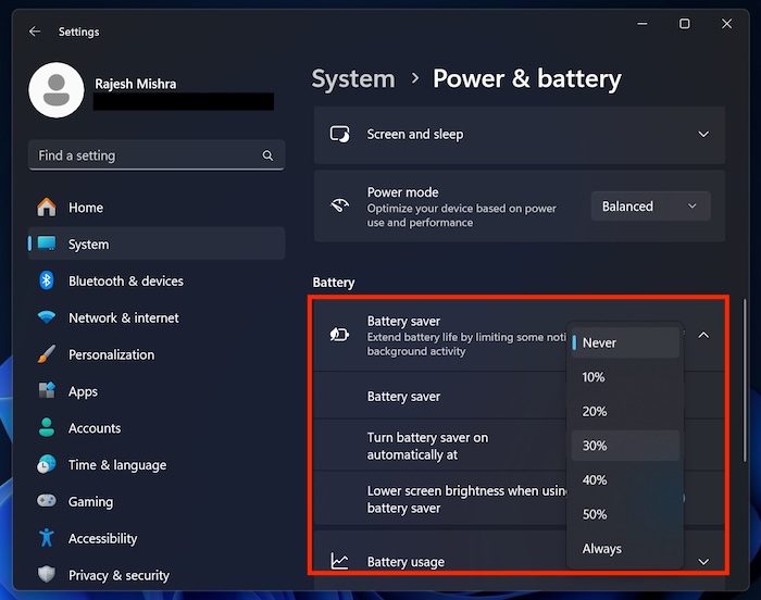 Turn on battery saver automatically on Windows
