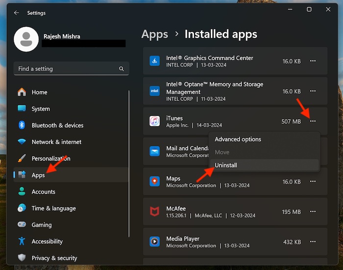 Uninstall apps on Windows 11