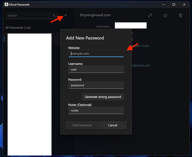 Add a password in iCloud Passwords app on Windows PC