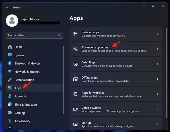 Advanced apps settings on Windows