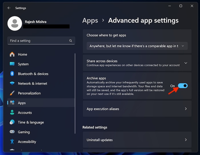 Automatically archive apps on Windows 11