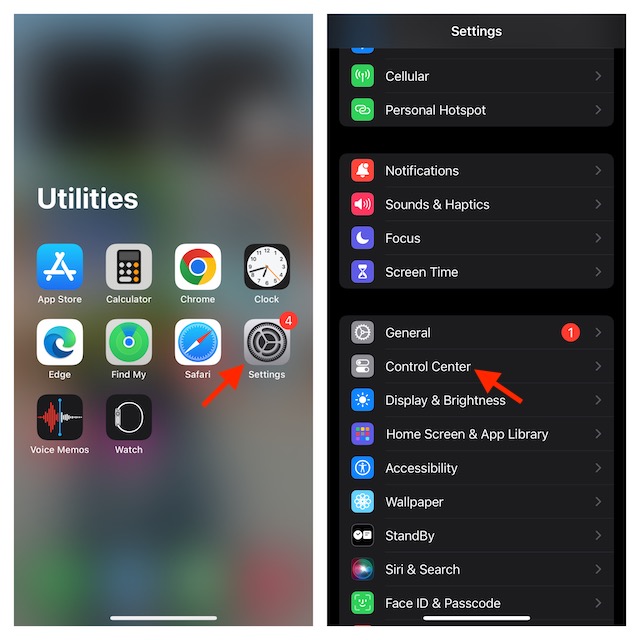 Choose Control Center in Settings on iPhone
