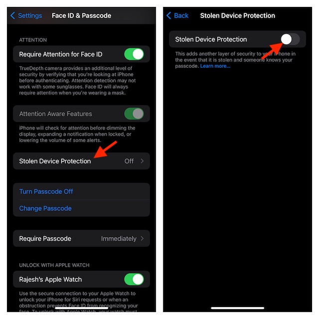 Disable stolen device protection on iPhone and iPad