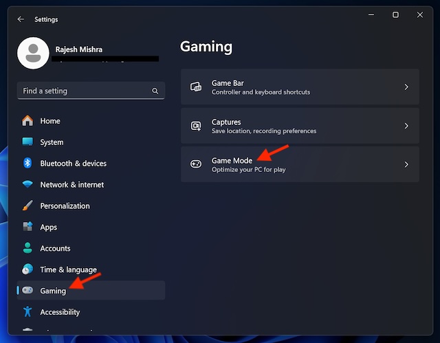Open the game mode setting in Windows