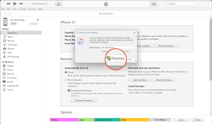 Restore iPhone backup from iTunes