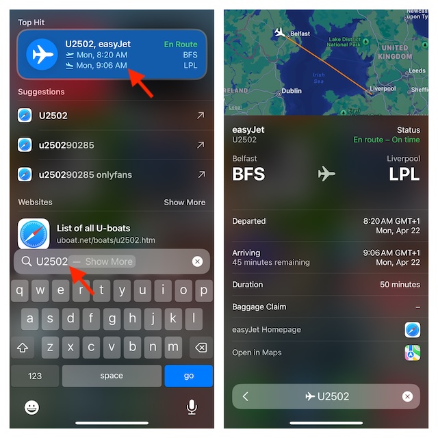 Track flight using Spotlight on iPhone and iPad