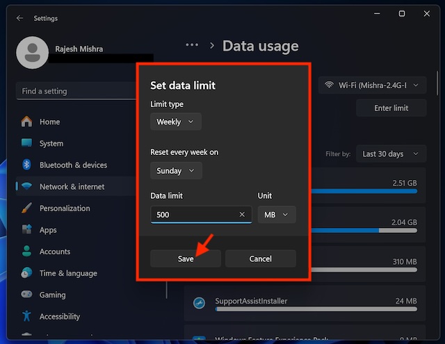 set data usage limit on Windows computer