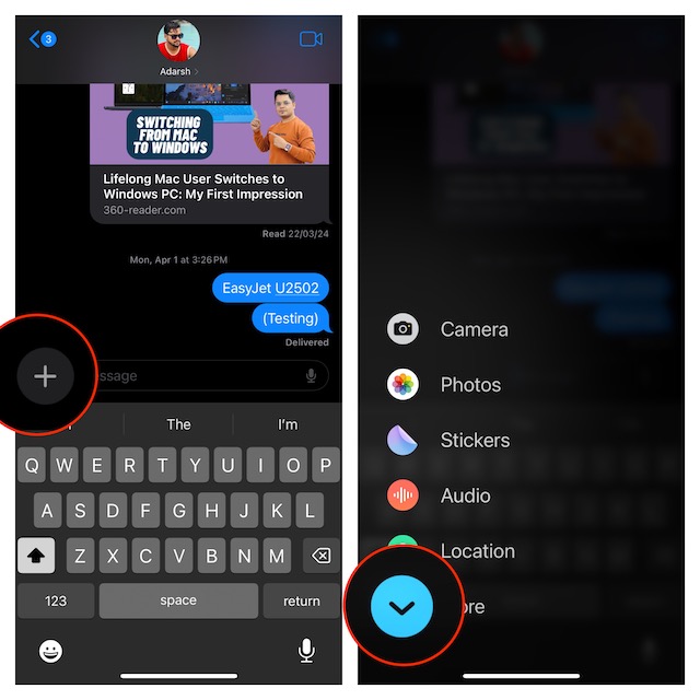 tap on the more button in iMessage chat