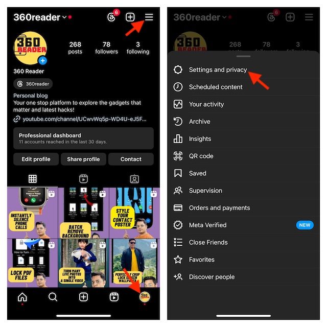 Choose Settings and privacy in Instagram app