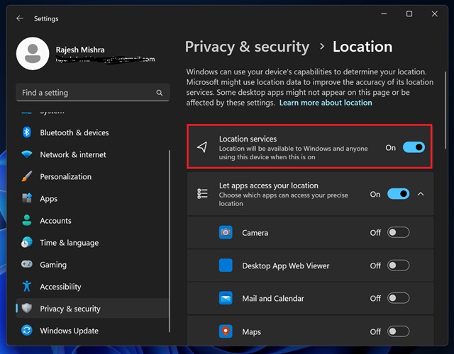 Enable Location Services on Windows PC