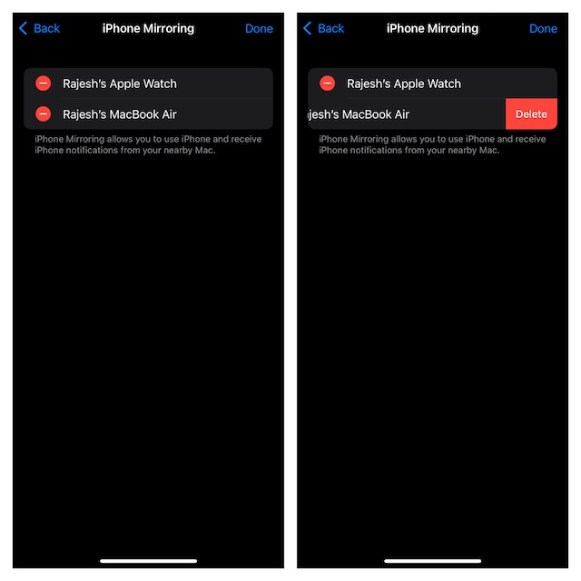 Remove a Mac from iPhone mirroring setting in ioS 18
